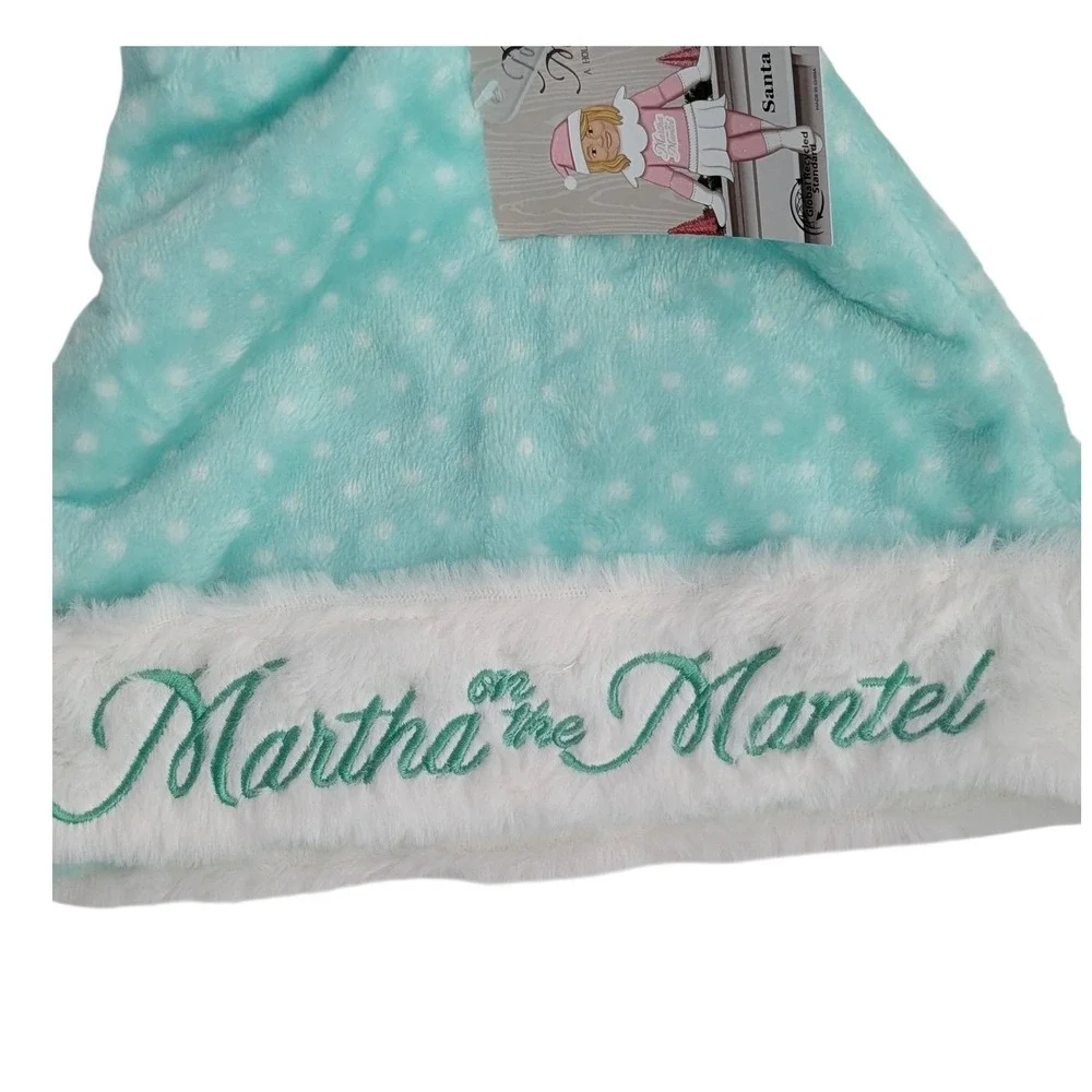Martha on the Mantel Santa Hat Minty Blue Polka Dot White Faux Fur Plush NWT